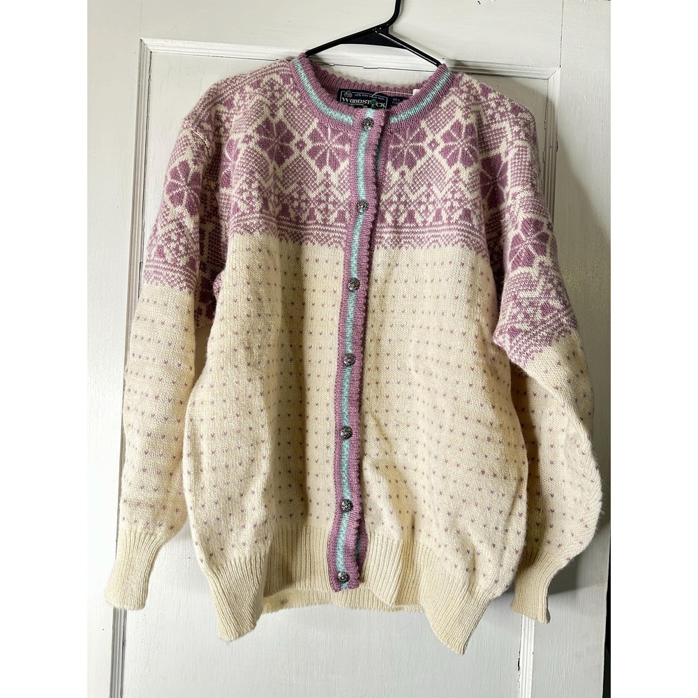 Vintage Woodstock by Bernard Shetland Wool Cardigan Purple Ivory Scotland 42